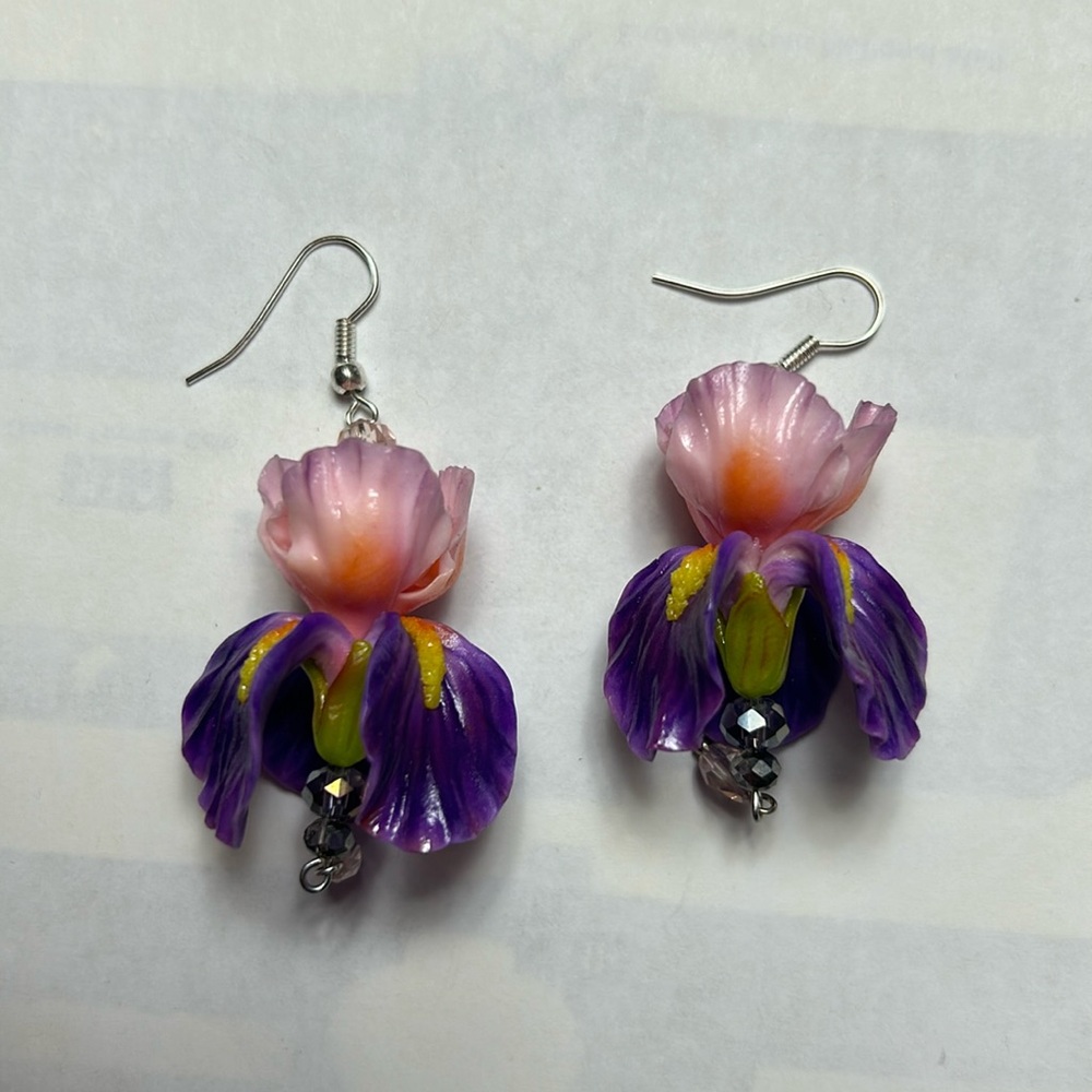 Hand carved iris earrings